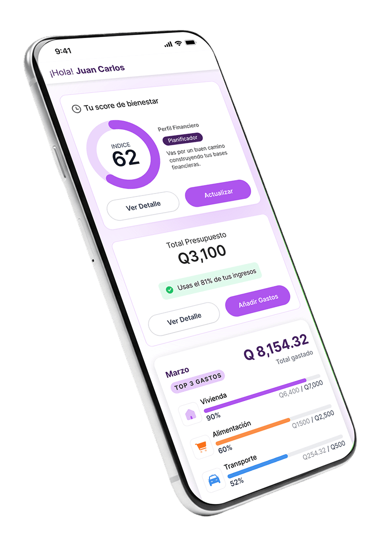 Mockup del dashboard financiero con score y presupuesto