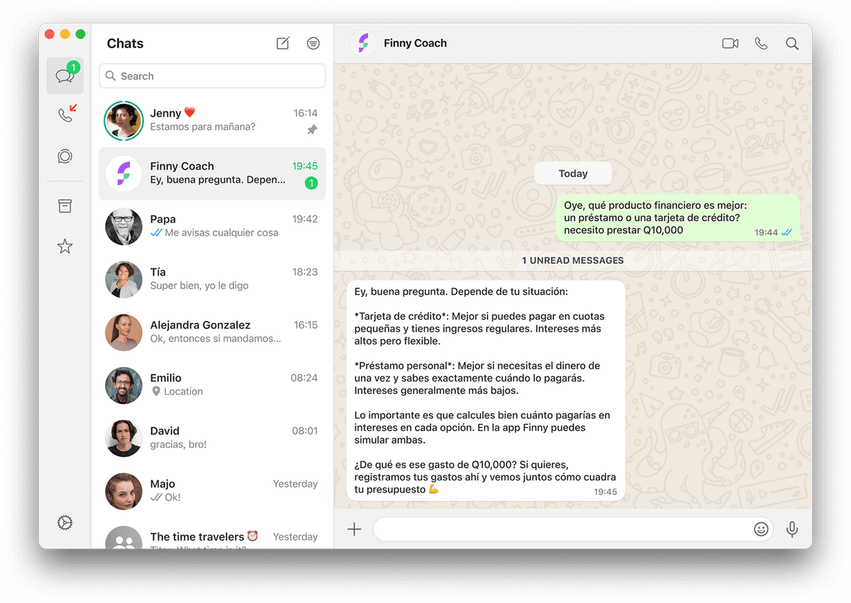 Conversación de Finny Coach en WhatsApp Desktop